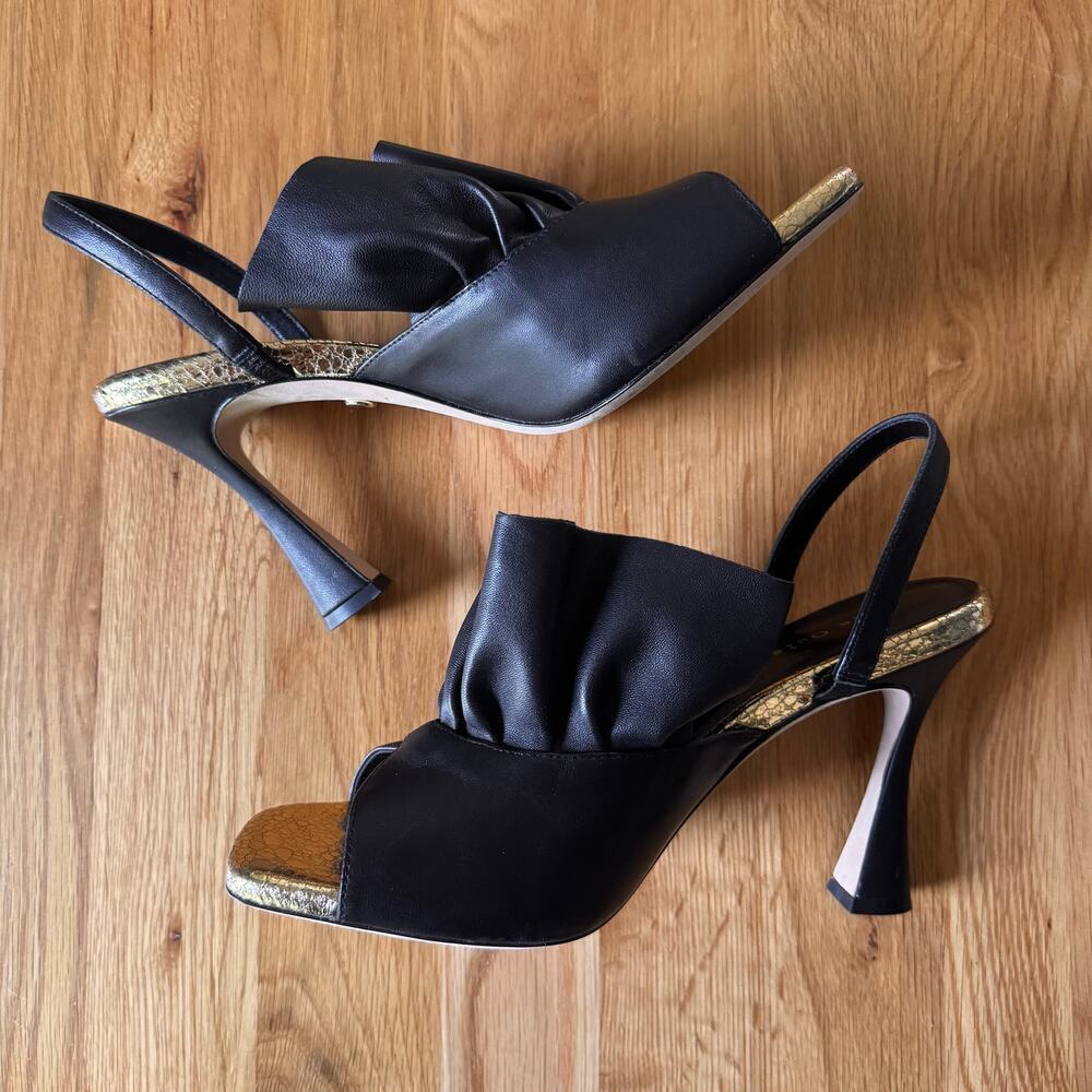 Dee Ocleppo Flutter Leather Ruffle Black Gold Open Toe Slingback Heel Size 10 - Picture 5 of 13